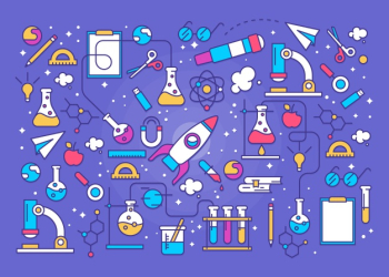 Colorful science education background with rocket Free Vector