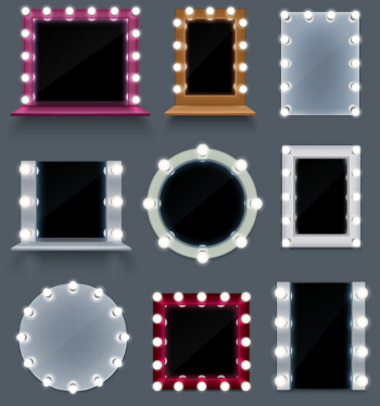 Realistic set of colorful make up mirrors of different shape with light bulbs isolated Free Vector