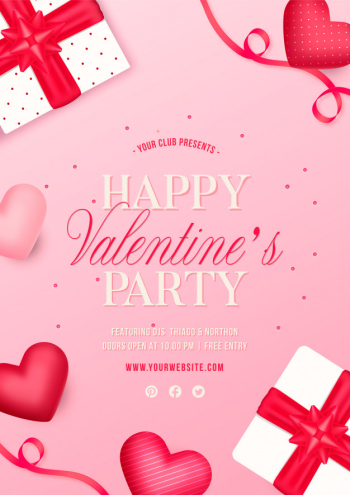 Valentine's day party flyer with gifts and hearts Free Vector