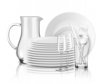 Clean tableware realistic design concept with stack of white plates glass jug and wine glasses illustration Free Vector