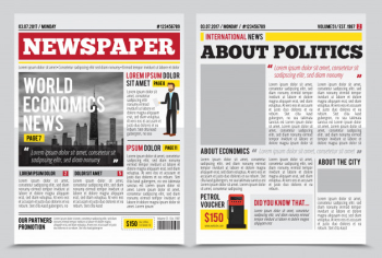 Daily newspaper journal design template with two-page opening editable headlines quotes text articles and images vector illustration Free Vector