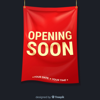 Realistic textile sign opening soon Free Vector