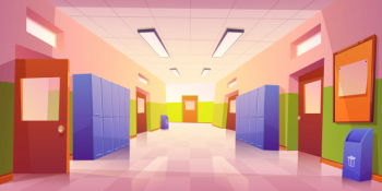 School hallway interior with doors and lockers Free Vector