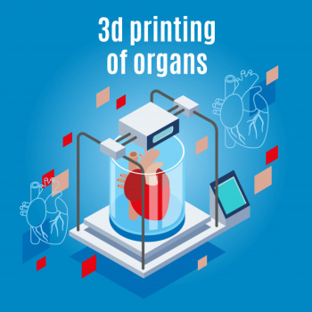Medicine of the future isometric background composition with realistic 3d printer and human heart Free Vector
