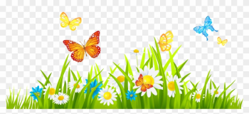 Grass Ground With Flowers And Butterflies Png Clipart - Spring Flower Border Clipart