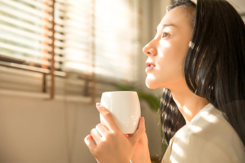 Young woman morning coffee drinking indoor person material