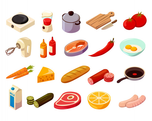 preparation,mustard,cutting,culinary,kitchenware,blender,ketchup,equipment,cuisine,set,cucumber,collection,sauce,salmon,meal,pan,sausage,carrot,pepper,tool,knife,eating,pot,chili,nutrition,tomato,cheese,lemon,vegetable,egg,meat,drink,cooking,bread,isometric,board,milk,icons,kitchen,fish,food