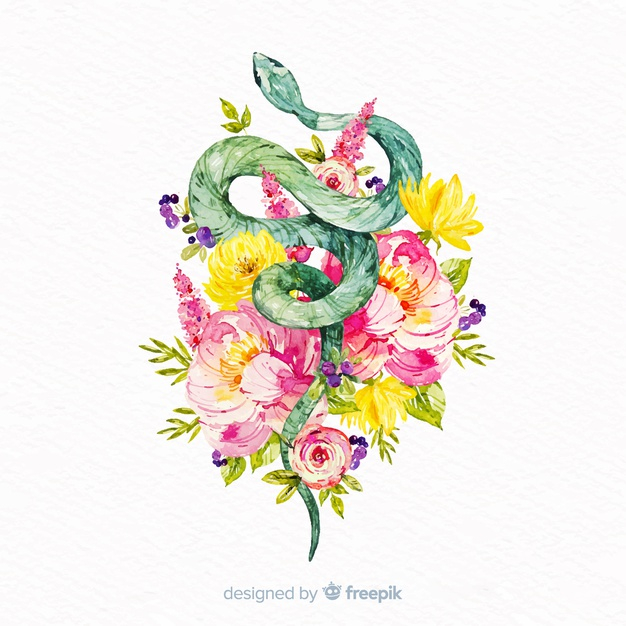 Watercolor colorful snake with flowers background - Nohat - Free for designer