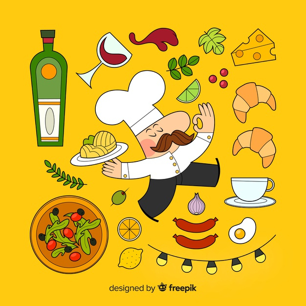 foodstuff,spaguetti,fried egg,fried,basil,red wine,lime,ingredients,croissant,garlic,drawn,meal,herbs,sausage,dish,eating,tomato,bunting,garland,olive,eat,pasta,cheese,lemon,egg,cup,lights,cooking,coffee cup,cook,bottle,vegetables,chef,fruit,hand drawn,wine,red,pizza,hand,coffee,food