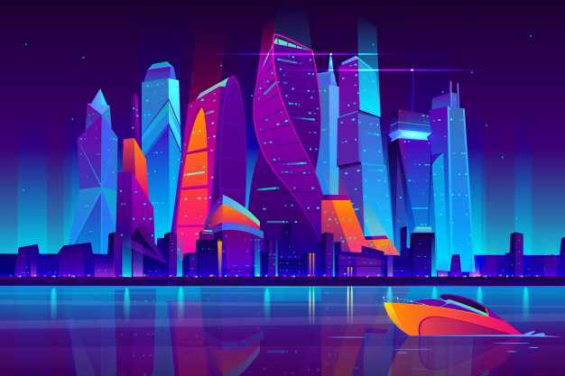 cyberpunk,seafront,quay,ultraviolet,spire,illuminated,district,panoramic,shore,metropolis,fluorescent,downtown,nightlife,panorama,starry,center,horizontal,moscow,skyscraper,bright,tower,dark,violet,urban,glow,cityscape,town,river,future,skyline,bank,modern,night,new,glass,architecture,neon,purple,landscape,sky,sea,cartoon,light,building,city,water,business