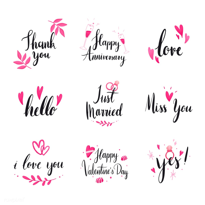 thank you,anniversary,announcement,bride,collection,couple,day,decoration,design,doodle,engagement,fiance,forever,graphic,groom,happy,happy anniversary,happy valentines day,heart,hello,husband,i love you,illustrated,illustration,just married,love,lover,marriage,married,message,miss you,newlyweds,pink,relationship,romance,romantic,set,style,sweet,typographic,typography,valentines,valentines day,vector,wedding,white,white background,wife,word,yes