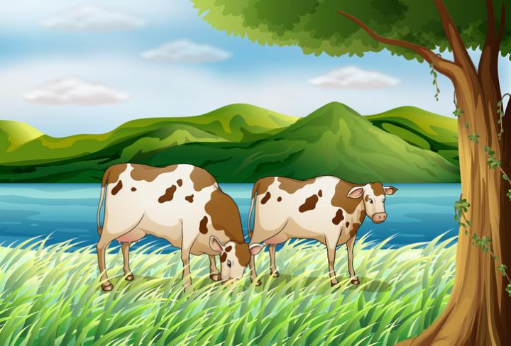 illustration,graphic,drawing,cartoon,colorful,cow,milk,domestic,livestock,cattle,farm,dairy,cute,standing,sky,blue,cloud,white,landscape,beautiful,green,greenery,grass,plant,lawn,tree,beauty,mountain,hills,river