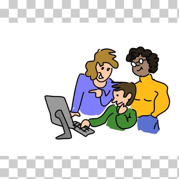 cartoon,class,colleagues,computer,ICT,illustration,interaction,people,sharing,student,Teacher,co workers,Decideware Images,dibus,svg,freesvgorg